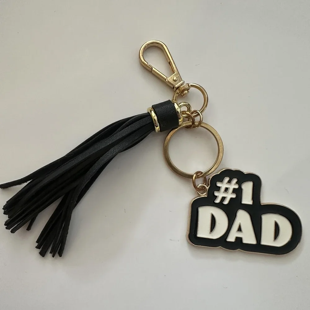 #1 Dad Black Tassel Metal Keychain Carabiner Clip Key Ring Gold Tone Father Gift